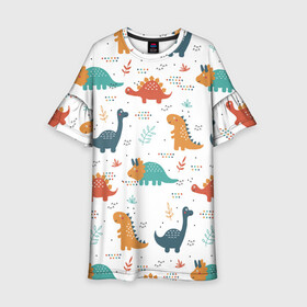 Детское платье 3D с принтом Милые динозавры в Кировске, 100% полиэстер | прямой силуэт, чуть расширенный к низу. Круглая горловина, на рукавах — воланы | dinosaurs | динозавр | динозавры | животные | игрушки | мульт динозавры | мультяшки динозавры | тиранозавр
