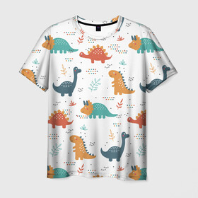 Мужская футболка 3D с принтом Милые динозавры в Кировске, 100% полиэфир | прямой крой, круглый вырез горловины, длина до линии бедер | dinosaurs | динозавр | динозавры | животные | игрушки | мульт динозавры | мультяшки динозавры | тиранозавр