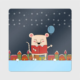 Магнит виниловый Квадрат с принтом Крысенок с шариком в Кировске, полимерный материал с магнитным слоем | размер 9*9 см, закругленные углы | Тематика изображения на принте: 2020 | mouse | rat | годкрысы | годмыши | зима | зимняя | крыса | мороз | мышка | мышь | новогодняя | новый год | новый год 2020 | рождество | симолгода | снег | холод
