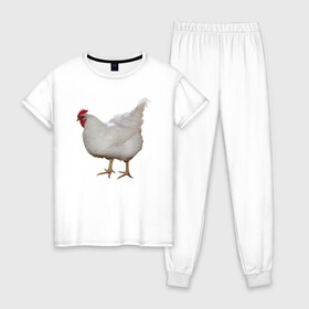 Женская пижама хлопок с принтом Белая курица в Кировске, 100% хлопок | брюки и футболка прямого кроя, без карманов, на брюках мягкая резинка на поясе и по низу штанин | курица | петух | питух | птица | юмор