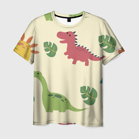Мужская футболка 3D с принтом Динозаврики в Кировске, 100% полиэфир | прямой крой, круглый вырез горловины, длина до линии бедер | dinosaurs | динозавр | динозавры | животные | игрушки | мульт динозавры | мультяшки динозавры | тиранозавр
