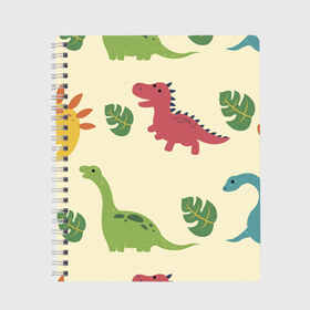Тетрадь с принтом Динозаврики в Кировске, 100% бумага | 48 листов, плотность листов — 60 г/м2, плотность картонной обложки — 250 г/м2. Листы скреплены сбоку удобной пружинной спиралью. Уголки страниц и обложки скругленные. Цвет линий — светло-серый
 | dinosaurs | динозавр | динозавры | животные | игрушки | мульт динозавры | мультяшки динозавры | тиранозавр