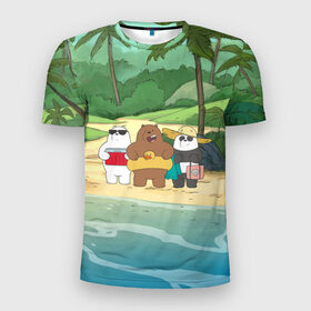 Мужская футболка 3D спортивная с принтом Bears on the beach в Кировске, 100% полиэстер с улучшенными характеристиками | приталенный силуэт, круглая горловина, широкие плечи, сужается к линии бедра | Тематика изображения на принте: baby bears | bare bears | charle and bears | dsgngerzen | grizz | iсebear | panda | panpan | selfie panpan | vdgerir | we bare bears | вся правда о медведях