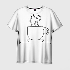 Мужская футболка 3D с принтом Чашечку кофе? в Кировске, 100% полиэфир | прямой крой, круглый вырез горловины, длина до линии бедер | Тематика изображения на принте: бариста | бармен | вкус | кардиограмма | кофе | кофеман | напиток | подача | профессия | хобби | чашка