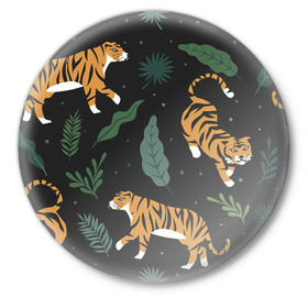 Значок с принтом Тропический тигр в Кировске,  металл | круглая форма, металлическая застежка в виде булавки | tiger | гепард | дикие кошки | животные | кот | кошки | пантера | тигр | тигры