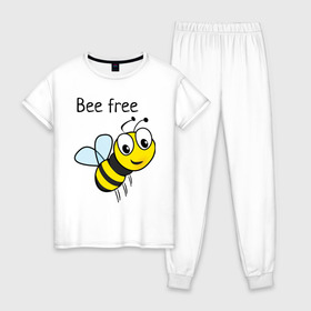 Женская пижама хлопок с принтом Bee free в Кировске, 100% хлопок | брюки и футболка прямого кроя, без карманов, на брюках мягкая резинка на поясе и по низу штанин | azmart | bee free