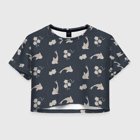 Женская футболка Cropp-top с принтом Японские мотивы в Кировске, 100% полиэстер | круглая горловина, длина футболки до линии талии, рукава с отворотами | Тематика изображения на принте: 