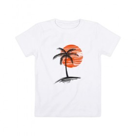 Детская футболка хлопок с принтом Тропики в Кировске, 100% хлопок | круглый вырез горловины, полуприлегающий силуэт, длина до линии бедер | Тематика изображения на принте: пальма | пляж | рисунок | солнце | тропики