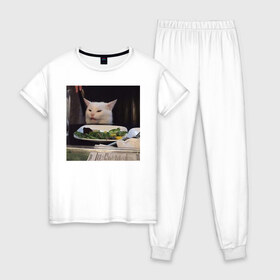 Женская пижама хлопок с принтом мемная картинка с котом в Кировске, 100% хлопок | брюки и футболка прямого кроя, без карманов, на брюках мягкая резинка на поясе и по низу штанин | кот | котэ | кошка | мем | прикол | фотография