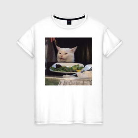 Женская футболка хлопок с принтом мемная картинка с котом в Кировске, 100% хлопок | прямой крой, круглый вырез горловины, длина до линии бедер, слегка спущенное плечо | кот | котэ | кошка | мем | прикол | фотография