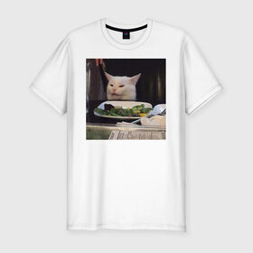 Мужская футболка премиум с принтом мемная картинка с котом в Кировске, 92% хлопок, 8% лайкра | приталенный силуэт, круглый вырез ворота, длина до линии бедра, короткий рукав | кот | котэ | кошка | мем | прикол | фотография