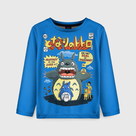 Детский лонгслив 3D с принтом My Neighbor Totoro заяц на синем в Кировске, 100% полиэстер | длинные рукава, круглый вырез горловины, полуприлегающий силуэт
 | Тематика изображения на принте: anime | hayao miyazaki | japanese | meme | miyazaki | piano | studio ghibli | tokyo | totoro | гибли | котобус | мой | сосед | сусуватари | тонари | тоторо | хаяо миядзаки