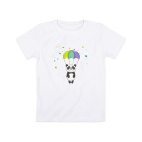 Детская футболка хлопок с принтом Панда на парашюте в Кировске, 100% хлопок | круглый вырез горловины, полуприлегающий силуэт, длина до линии бедер | панда | панда на парашюте | рисунок | сердечки