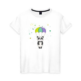 Женская футболка хлопок с принтом Панда на парашюте в Кировске, 100% хлопок | прямой крой, круглый вырез горловины, длина до линии бедер, слегка спущенное плечо | панда | панда на парашюте | рисунок | сердечки