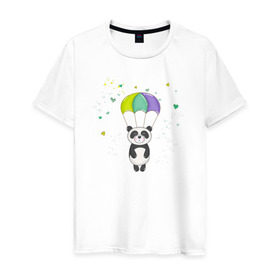 Мужская футболка хлопок с принтом Панда на парашюте в Кировске, 100% хлопок | прямой крой, круглый вырез горловины, длина до линии бедер, слегка спущенное плечо. | Тематика изображения на принте: панда | панда на парашюте | рисунок | сердечки