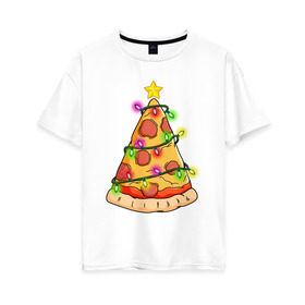 Женская футболка хлопок Oversize с принтом Новогодняя Пицца в Кировске, 100% хлопок | свободный крой, круглый ворот, спущенный рукав, длина до линии бедер
 | 