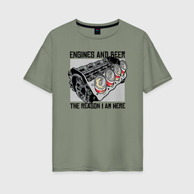 Женская футболка хлопок Oversize с принтом Инженер и Пиво в Кировске, 100% хлопок | свободный крой, круглый ворот, спущенный рукав, длина до линии бедер
 | beer | engine | engineer | автомеханик | двигатель | инженер | механик | специалист