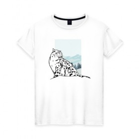 Женская футболка хлопок с принтом Снежный Леопард в Кировске, 100% хлопок | прямой крой, круглый вырез горловины, длина до линии бедер, слегка спущенное плечо | leopard | snow | winter | зима | леопард | снег | снежный