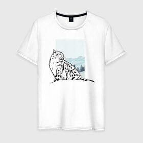 Мужская футболка хлопок с принтом Снежный Леопард в Кировске, 100% хлопок | прямой крой, круглый вырез горловины, длина до линии бедер, слегка спущенное плечо. | Тематика изображения на принте: leopard | snow | winter | зима | леопард | снег | снежный
