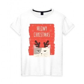 Женская футболка хлопок с принтом MEOWY CHRISTMAS в Кировске, 100% хлопок | прямой крой, круглый вырез горловины, длина до линии бедер, слегка спущенное плечо | животные | кот | кошки | новый год | праздник | прикол | рождество | смешное