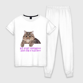 Женская пижама хлопок с принтом Дружелюбный кот в Кировске, 100% хлопок | брюки и футболка прямого кроя, без карманов, на брюках мягкая резинка на поясе и по низу штанин | cat | fun | добрый | забавная | кот | котик | мем | надпись | прикол | слова | смешная