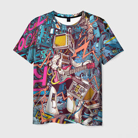 Мужская футболка 3D с принтом Space Hardrock Machine в Кировске, 100% полиэфир | прямой крой, круглый вырез горловины, длина до линии бедер | Тематика изображения на принте: rock | гитара | космонавт | космос | музыка | робот | рок | хард рок | электроника | электронная музыка