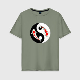 Женская футболка хлопок Oversize с принтом Карп Кои (Ин-Янь) в Кировске, 100% хлопок | свободный крой, круглый ворот, спущенный рукав, длина до линии бедер
 | инь янь | карп | карп кои | рисунок | рыба | япония