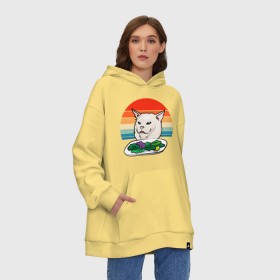 Худи SuperOversize хлопок с принтом Woman yelling at a cat meme в Кировске, 70% хлопок, 30% полиэстер, мягкий начес внутри | карман-кенгуру, эластичная резинка на манжетах и по нижней кромке, двухслойный капюшон
 | confused cat | woman yelling at a cat meme | женщина кричит на кота | кот за столом | кот с тарелкой | мем | мем с котом | мем с кричащей на кота женщиной | смущённый кот