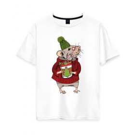Женская футболка хлопок Oversize с принтом Милая новогодняя мышка с кофе в Кировске, 100% хлопок | свободный крой, круглый ворот, спущенный рукав, длина до линии бедер
 | 