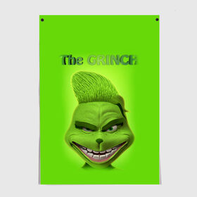 Постер с принтом Grinch Face в Кировске, 100% бумага
 | бумага, плотность 150 мг. Матовая, но за счет высокого коэффициента гладкости имеет небольшой блеск и дает на свету блики, но в отличии от глянцевой бумаги не покрыта лаком | Тематика изображения на принте: christmas | claus | grinch stole | how the | jingle | merry | santa | гринч | гуманоид | диккенс | ктоград | олени | рождество | снежинки | чарльз