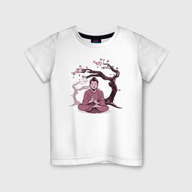 Детская футболка хлопок с принтом Будда Сакура в Кировске, 100% хлопок | круглый вырез горловины, полуприлегающий силуэт, длина до линии бедер | Тематика изображения на принте: buddha | medidate | medidation | sakura | yoga | буда | будда | йога | медитация | сакура | япония