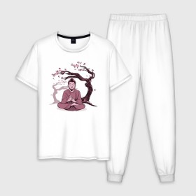 Мужская пижама хлопок с принтом Будда Сакура в Кировске, 100% хлопок | брюки и футболка прямого кроя, без карманов, на брюках мягкая резинка на поясе и по низу штанин
 | Тематика изображения на принте: buddha | medidate | medidation | sakura | yoga | буда | будда | йога | медитация | сакура | япония