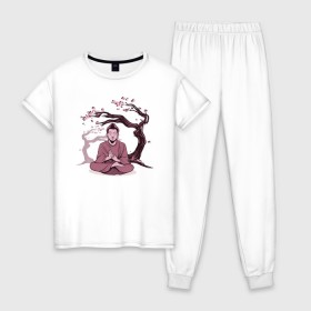 Женская пижама хлопок с принтом Будда Сакура в Кировске, 100% хлопок | брюки и футболка прямого кроя, без карманов, на брюках мягкая резинка на поясе и по низу штанин | buddha | medidate | medidation | sakura | yoga | буда | будда | йога | медитация | сакура | япония