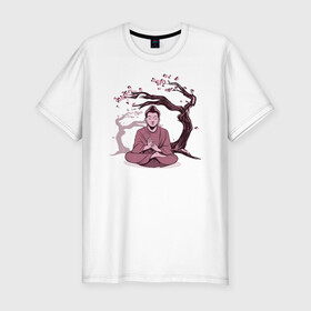 Мужская футболка хлопок Slim с принтом Будда Сакура в Кировске, 92% хлопок, 8% лайкра | приталенный силуэт, круглый вырез ворота, длина до линии бедра, короткий рукав | buddha | medidate | medidation | sakura | yoga | буда | будда | йога | медитация | сакура | япония