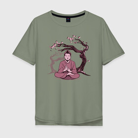 Мужская футболка хлопок Oversize с принтом Будда Сакура в Кировске, 100% хлопок | свободный крой, круглый ворот, “спинка” длиннее передней части | buddha | medidate | medidation | sakura | yoga | буда | будда | йога | медитация | сакура | япония