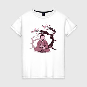 Женская футболка хлопок с принтом Будда Сакура в Кировске, 100% хлопок | прямой крой, круглый вырез горловины, длина до линии бедер, слегка спущенное плечо | buddha | medidate | medidation | sakura | yoga | буда | будда | йога | медитация | сакура | япония