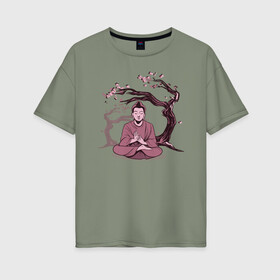 Женская футболка хлопок Oversize с принтом Будда Сакура в Кировске, 100% хлопок | свободный крой, круглый ворот, спущенный рукав, длина до линии бедер
 | buddha | medidate | medidation | sakura | yoga | буда | будда | йога | медитация | сакура | япония