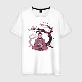 Мужская футболка хлопок с принтом Будда Сакура в Кировске, 100% хлопок | прямой крой, круглый вырез горловины, длина до линии бедер, слегка спущенное плечо. | Тематика изображения на принте: buddha | medidate | medidation | sakura | yoga | буда | будда | йога | медитация | сакура | япония