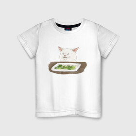 Детская футболка хлопок с принтом Woman Yelling At Cat Meme в Кировске, 100% хлопок | круглый вырез горловины, полуприлегающий силуэт, длина до линии бедер | cat | cat meme | женщина кричит на кота | интернет | кот | кот мем | котейка | котенок | кошак | мем | приколы