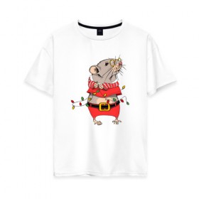 Женская футболка хлопок Oversize с принтом Новогодняя мышка с гирляндой в Кировске, 100% хлопок | свободный крой, круглый ворот, спущенный рукав, длина до линии бедер
 | 