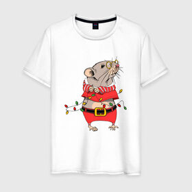 Мужская футболка хлопок с принтом Новогодняя мышка с гирляндой в Кировске, 100% хлопок | прямой крой, круглый вырез горловины, длина до линии бедер, слегка спущенное плечо. | 