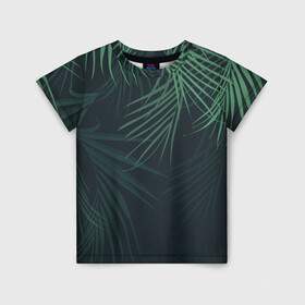Детская футболка 3D с принтом Пальмовый узор в Кировске, 100% гипоаллергенный полиэфир | прямой крой, круглый вырез горловины, длина до линии бедер, чуть спущенное плечо, ткань немного тянется | джунгли | зелёный | лепестки | лепесток | лес | листья | пальма | пальмы | папоротник | салатовый | тропики | черный