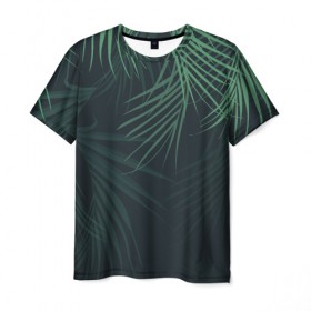 Мужская футболка 3D с принтом Пальмовый узор в Кировске, 100% полиэфир | прямой крой, круглый вырез горловины, длина до линии бедер | Тематика изображения на принте: джунгли | зелёный | лепестки | лепесток | лес | листья | пальма | пальмы | папоротник | салатовый | тропики | черный