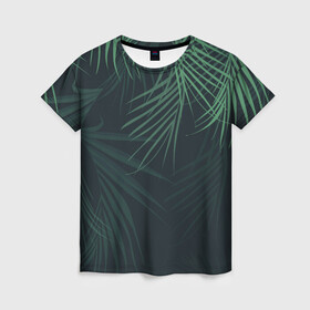 Женская футболка 3D с принтом Пальмовый узор в Кировске, 100% полиэфир ( синтетическое хлопкоподобное полотно) | прямой крой, круглый вырез горловины, длина до линии бедер | джунгли | зелёный | лепестки | лепесток | лес | листья | пальма | пальмы | папоротник | салатовый | тропики | черный