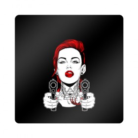 Магнит виниловый Квадрат с принтом Woman is holding a gun в Кировске, полимерный материал с магнитным слоем | размер 9*9 см, закругленные углы | girl | guns | tattoo | woman | девушка | красотка | масоны | оружие | пистолеты | тату | треугольник