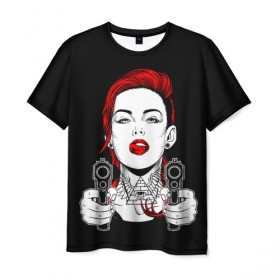 Мужская футболка 3D с принтом Woman is holding a gun в Кировске, 100% полиэфир | прямой крой, круглый вырез горловины, длина до линии бедер | girl | guns | tattoo | woman | девушка | красотка | масоны | оружие | пистолеты | тату | треугольник