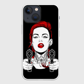 Чехол для iPhone 13 mini с принтом Woman is holding a gun в Кировске,  |  | girl | guns | tattoo | woman | девушка | красотка | масоны | оружие | пистолеты | тату | треугольник