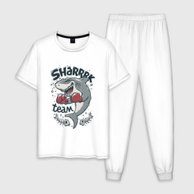 Мужская пижама хлопок с принтом Shark Team в Кировске, 100% хлопок | брюки и футболка прямого кроя, без карманов, на брюках мягкая резинка на поясе и по низу штанин
 | shark | shark team | акула | бокс | перчатки | спорт