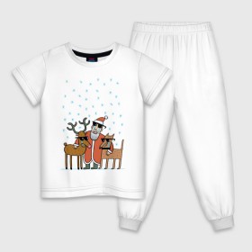 Детская пижама хлопок с принтом THE HATTERS: Дед Мороз не показывает слёз в Кировске, 100% хлопок |  брюки и футболка прямого кроя, без карманов, на брюках мягкая резинка на поясе и по низу штанин
 | Тематика изображения на принте: hatters | дед мороз | джипси | музыченко | новый год | олень | рождество | рок | ска | снег | снежинки | фолк | шляпники