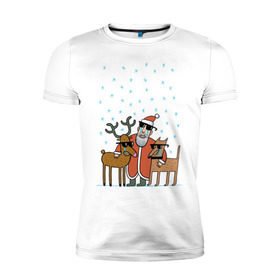 Мужская футболка премиум с принтом THE HATTERS: Дед Мороз не показывает слёз в Кировске, 92% хлопок, 8% лайкра | приталенный силуэт, круглый вырез ворота, длина до линии бедра, короткий рукав | hatters | дед мороз | джипси | музыченко | новый год | олень | рождество | рок | ска | снег | снежинки | фолк | шляпники